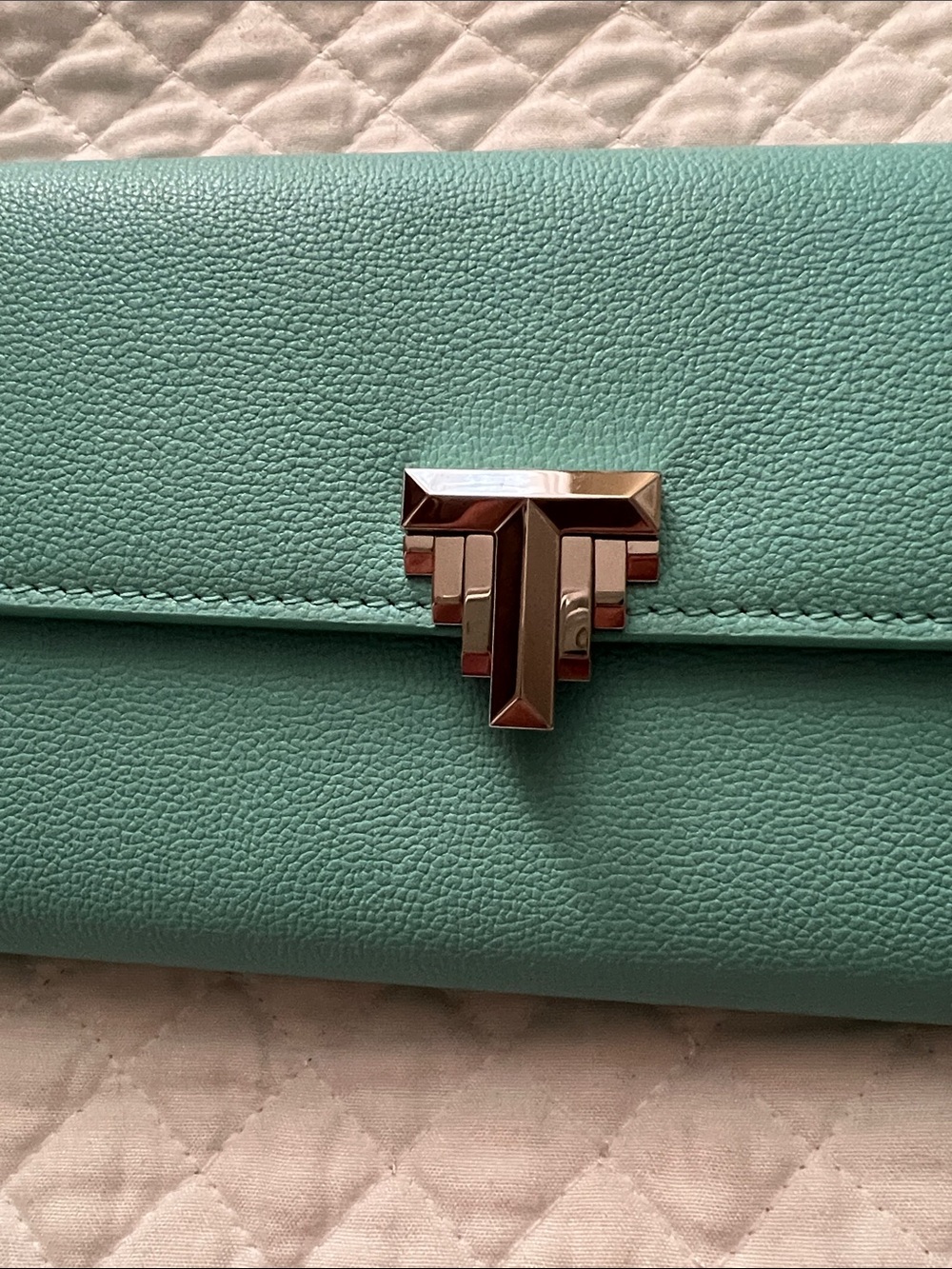 New! Tiffany & Co. Turquoise Leather Clutch with Silver-Tone Push Lock - Picture 3 of 11